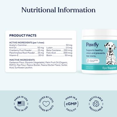 Show full view: Pawfy Eye Support Peanut Butter Flavor Supplement for Dogs, 30 count slide 5 of 9