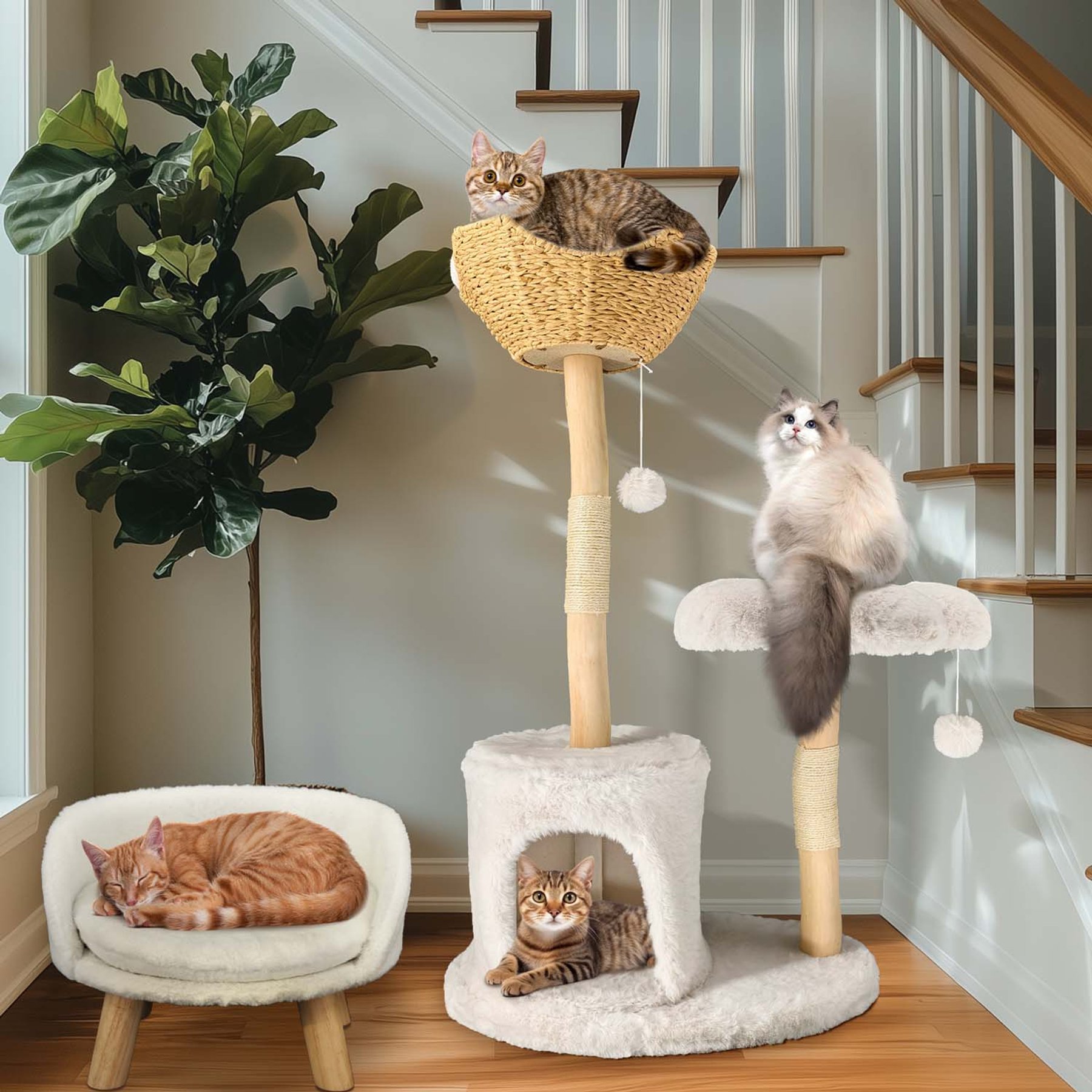 Wisfor 40-in Indoor Modern Plush Cat Tree & Condo, Beige