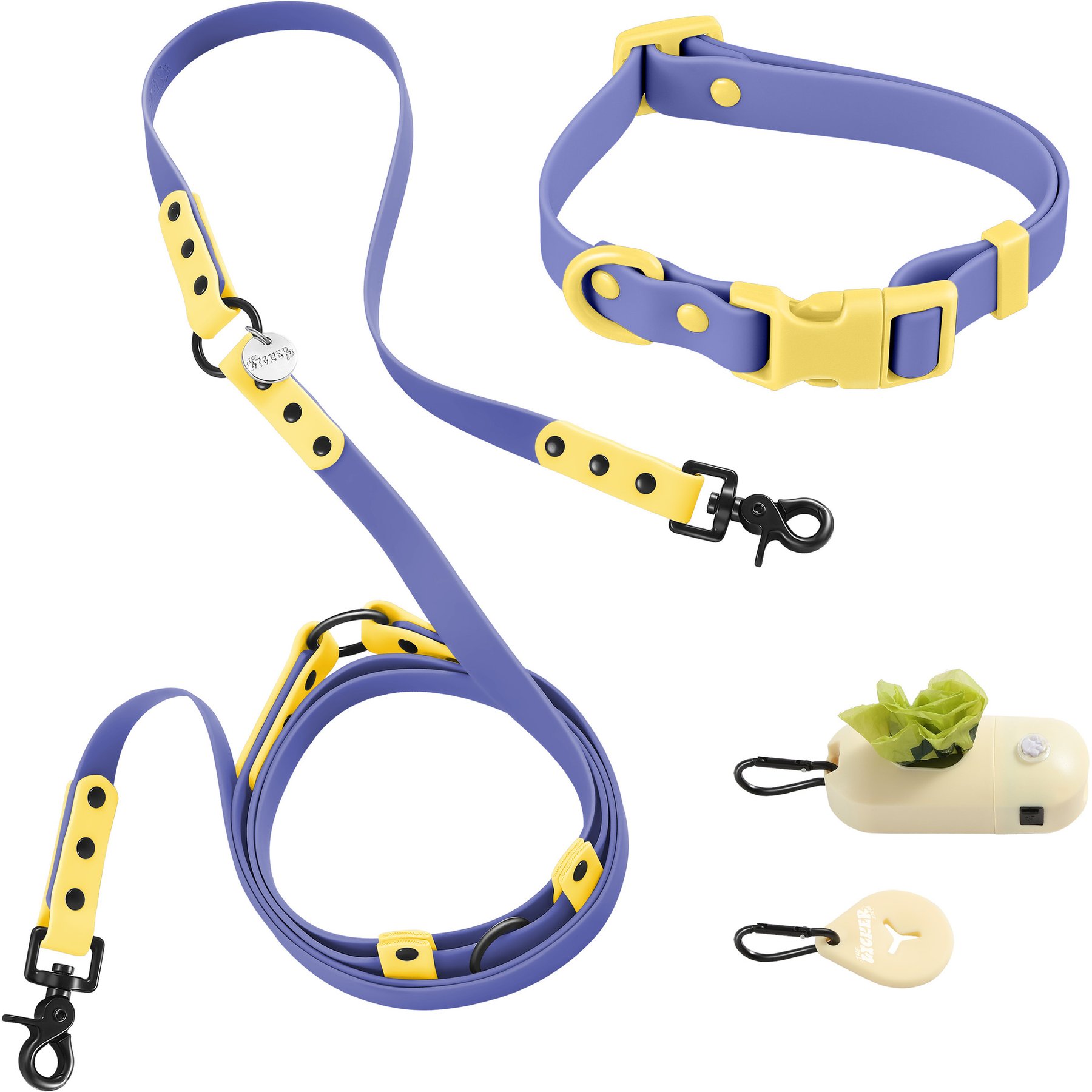 THE LICKER STORE Luna Hands-Free Dog Leash & Collar, Dark Blue/Yellow, Small: 9.5 to 14.1-in neck, 3/5-in wide