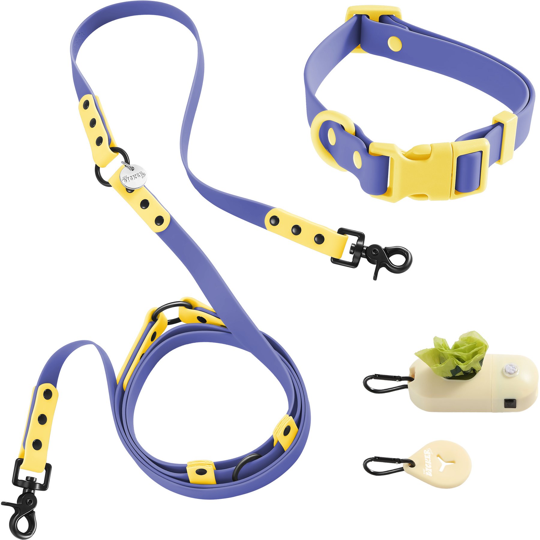 THE LICKER STORE Luna Hands-Free Dog Leash & Collar, Dark Blue/Yellow, Medium: 11.8 to 18.50-in neck, 3/4-in wide