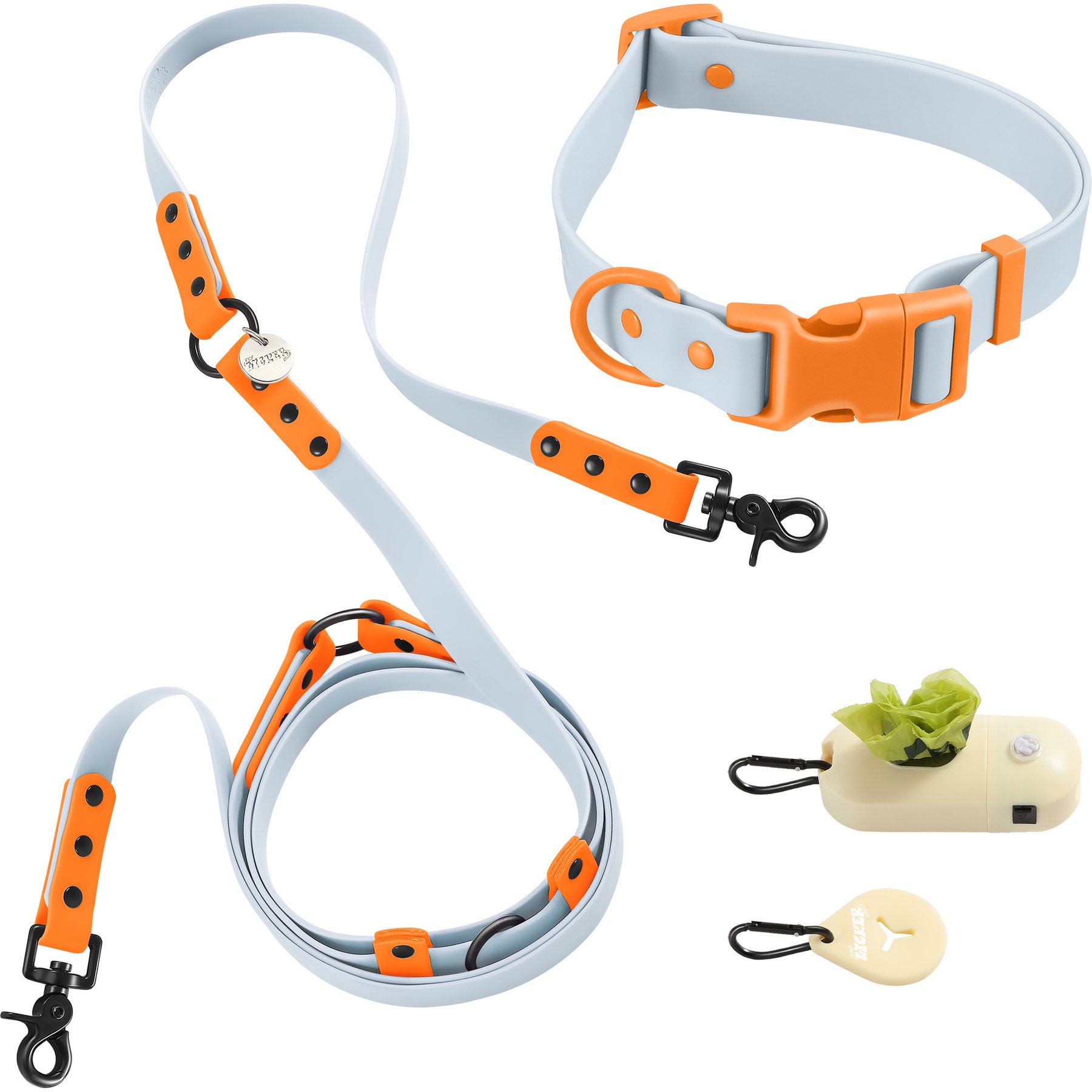 THE LICKER STORE Luna Hands-Free Dog Leash & Collar, Light Blue/Orange, Large: 15.3 to 24.8-in neck, 1-in wide