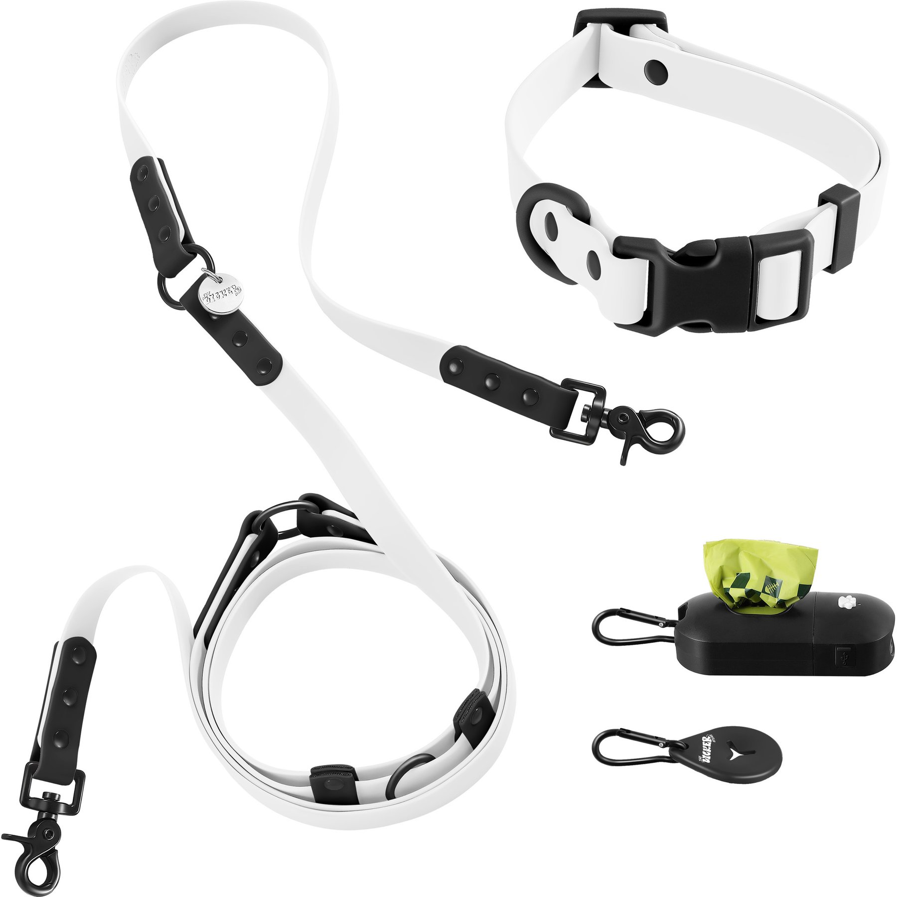 THE LICKER STORE Luna Hands-Free Dog Leash & Collar, White/Black, Medium: 11.8 to 18.50-in neck, 3/4-in wide