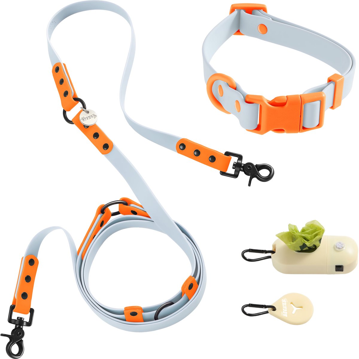 THE LICKER STORE Luna Hands-Free Dog Leash & Collar, Light Blue/Orange, Medium: 11.8 to 18.50-in neck, 3/4-in wide