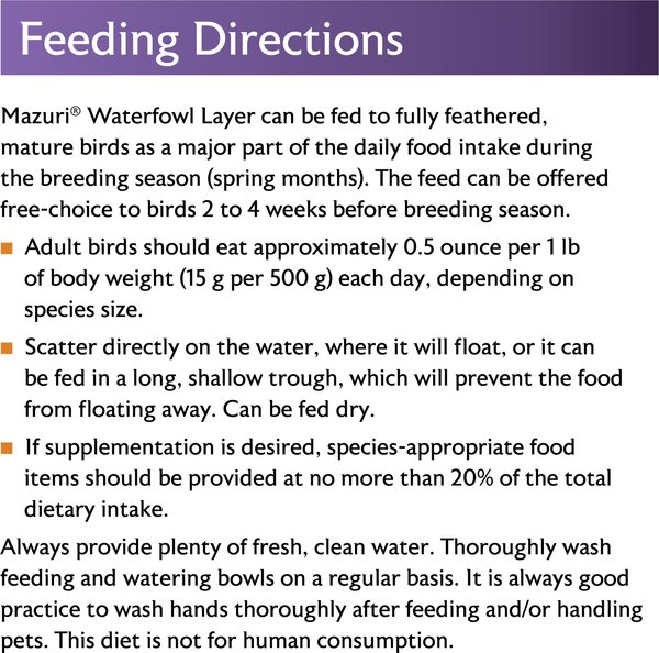 Show full view: Mazuri Waterfowl Layer Floating Duck & Geese Feed, 50-lb bag slide 7 of 10