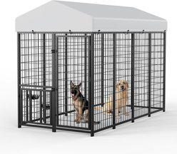 LovMor Outdoor Metal Dog Kennel with Roof Cover, Black, 8 x 4 x 5.6-ft