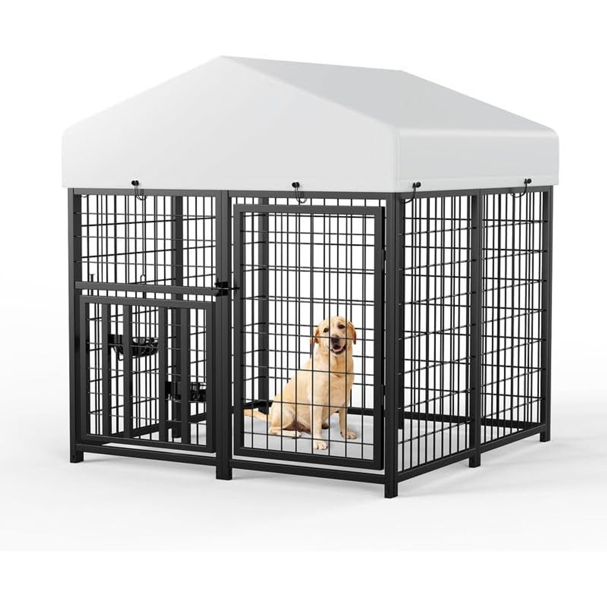 LovMor Outdoor Metal Dog Kennel with Roof Cover, Black, 48 x 47 x 51-in