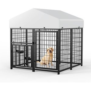 LovMor Outdoor Metal Dog Kennel with Roof Cover, Black, 4 x 4 x 4.25-ft