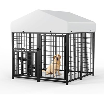 LovMor LovMor Outdoor Metal Dog Kennel with Roof Cover, Black, 48 x 47 x 51-in