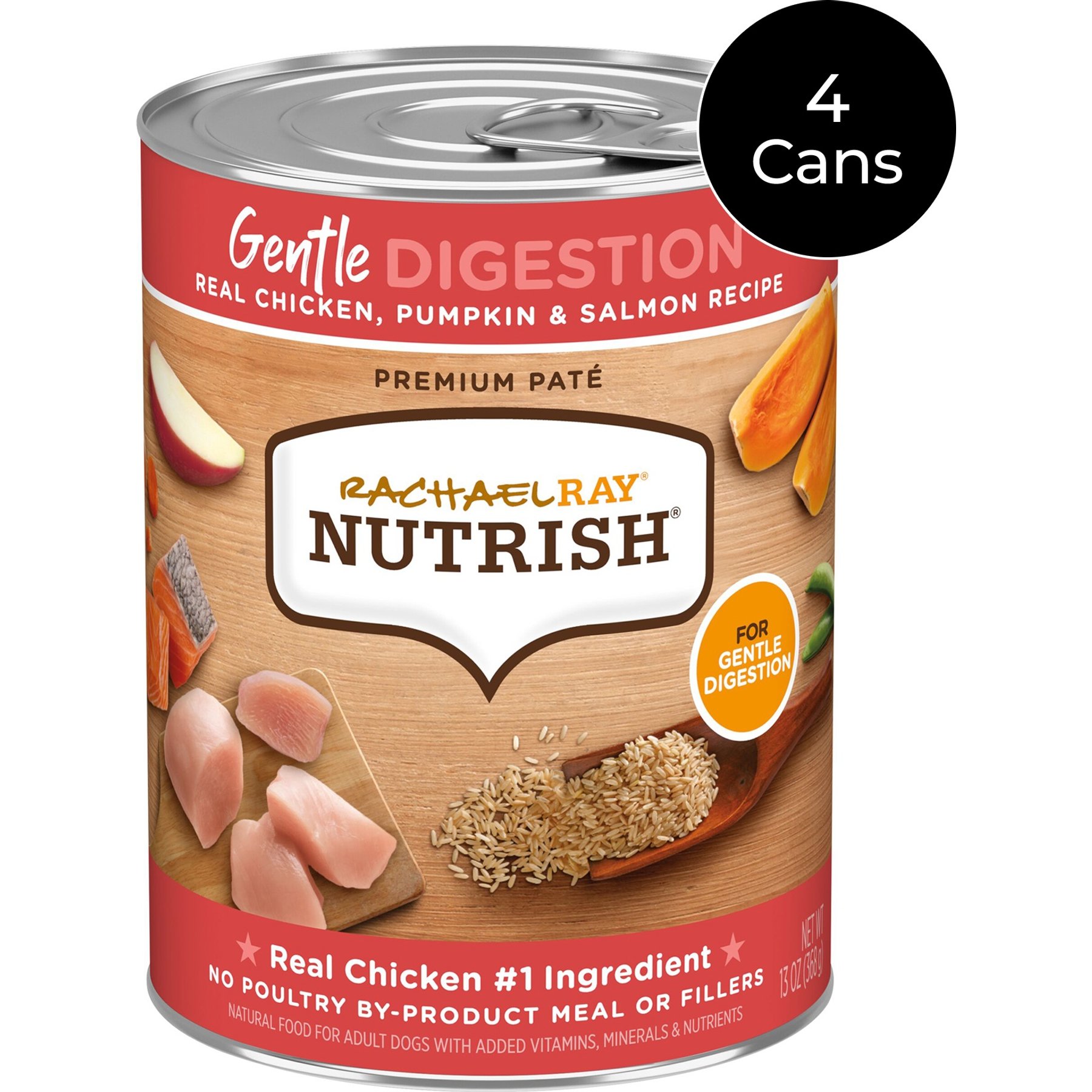 Rachael Ray Nutrish Gentle Digestion Real Chicken, Pumpkin & Salmon Recipe Premium Pate Wet Dog Food, 13-oz can, case of 4