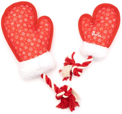 Show full view: The Worthy Dog Christmas Mittens Squeaky Plush Dog Toy, Red, Large slide 2 of 3