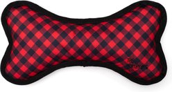 The Worthy Dog Bias Buffalo Plaid Bone Squeaky Plush Dog Toy, Red, Small