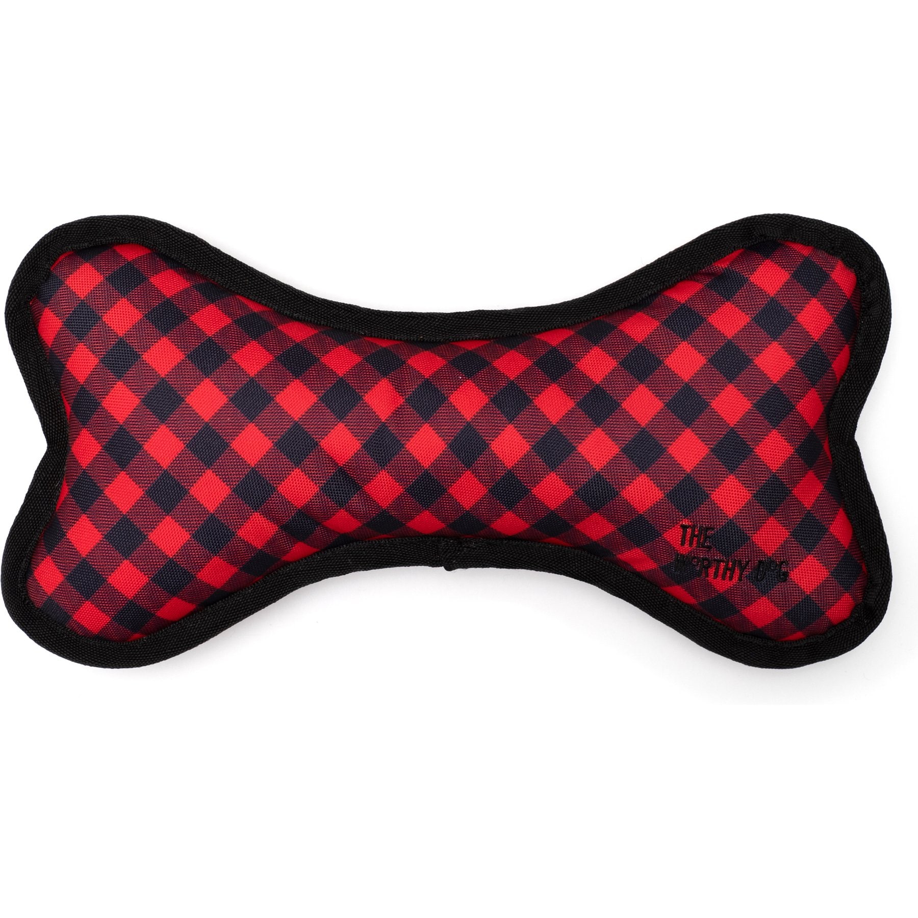 The Worthy Dog Bias Buffalo Plaid Bone Dog Toy, Red, Large
