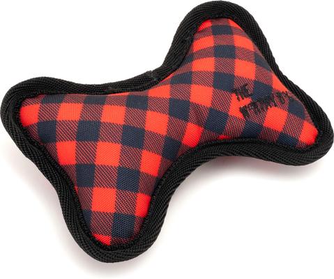 Show full view: The Worthy Dog Bias Buffalo Plaid Bone Squeaky Plush Dog Toy, Red, Small slide 3 of 3