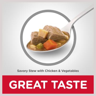 Show full view: Hill's Science Diet Senior Adult 7+ Savory Stew with Chicken & Vegetables Wet Dog Food, 12.8-oz can, case of 4 slide 6 of 12