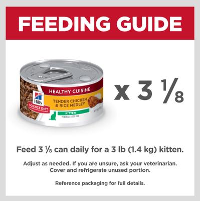 Show full view: Hill's Science Diet Kitten Healthy Cuisine Tender Chicken & Rice Medley Wet Cat Food, 2.8-oz can, case of 4 slide 7 of 12