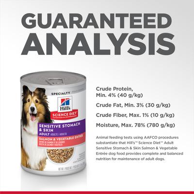 Show full view: Hill's Science Diet Adult Sensitive Stomach & Sensitive Skin Grain-Free Salmon & Vegetable Entree Wet Dog Food, 12.8-oz can, case of 4 slide 9 of 13