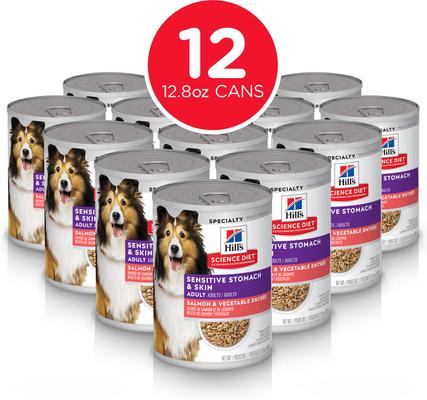 Show full view: Hill's Science Diet Adult Sensitive Stomach & Sensitive Skin Grain-Free Salmon & Vegetable Entree Wet Dog Food, 12.8-oz can, case of 4 slide 3 of 13