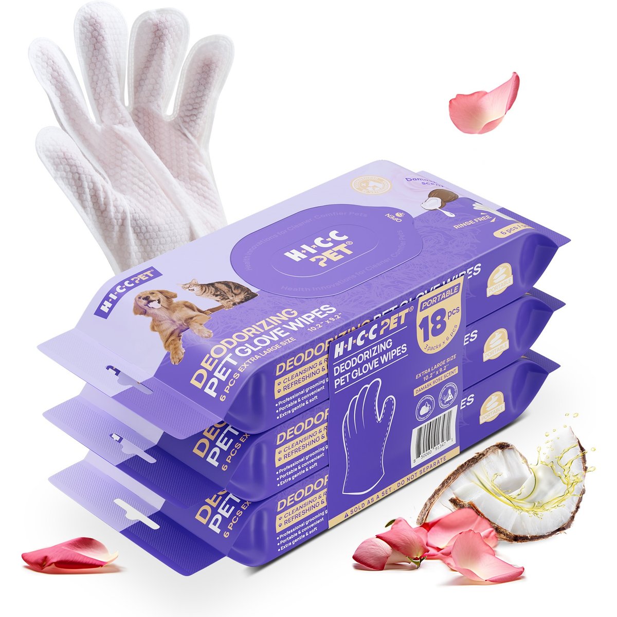 HICC PET Portable Deodorizing Glove Dog Grooming Wipes, Rose Scented, 6 count, 3 pack
