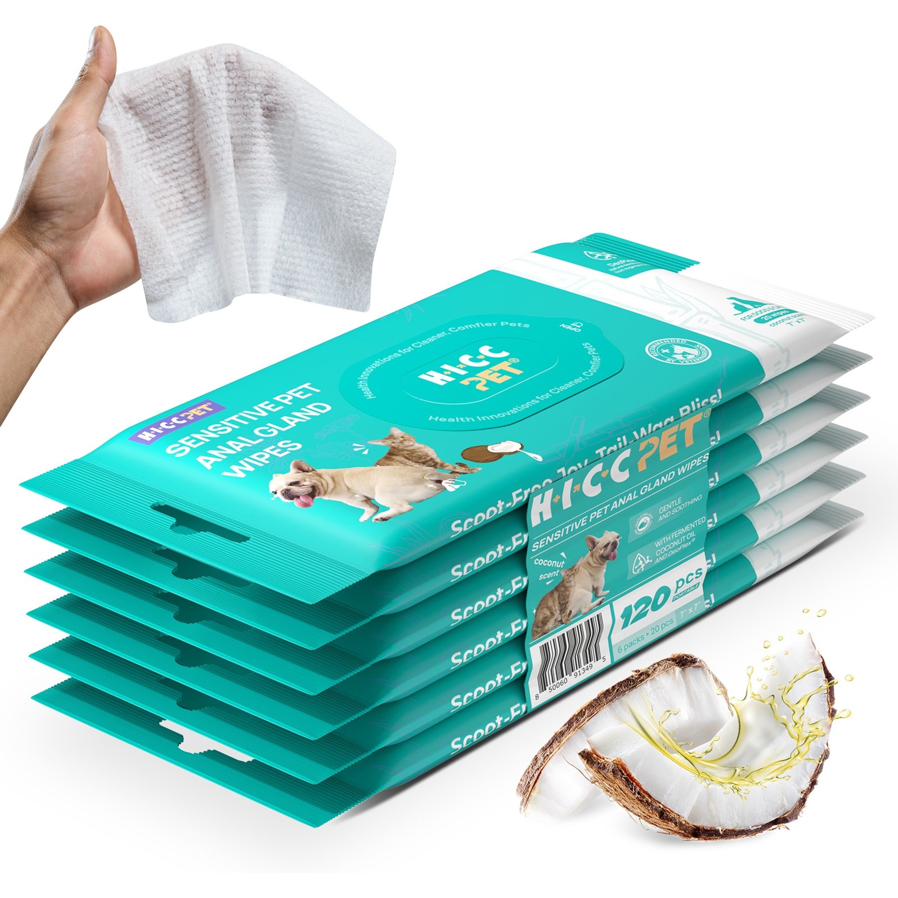 HICC PET Portable Sensitive Pet Anal Gland Dog Grooming Wipes, 20 count, 6 pack