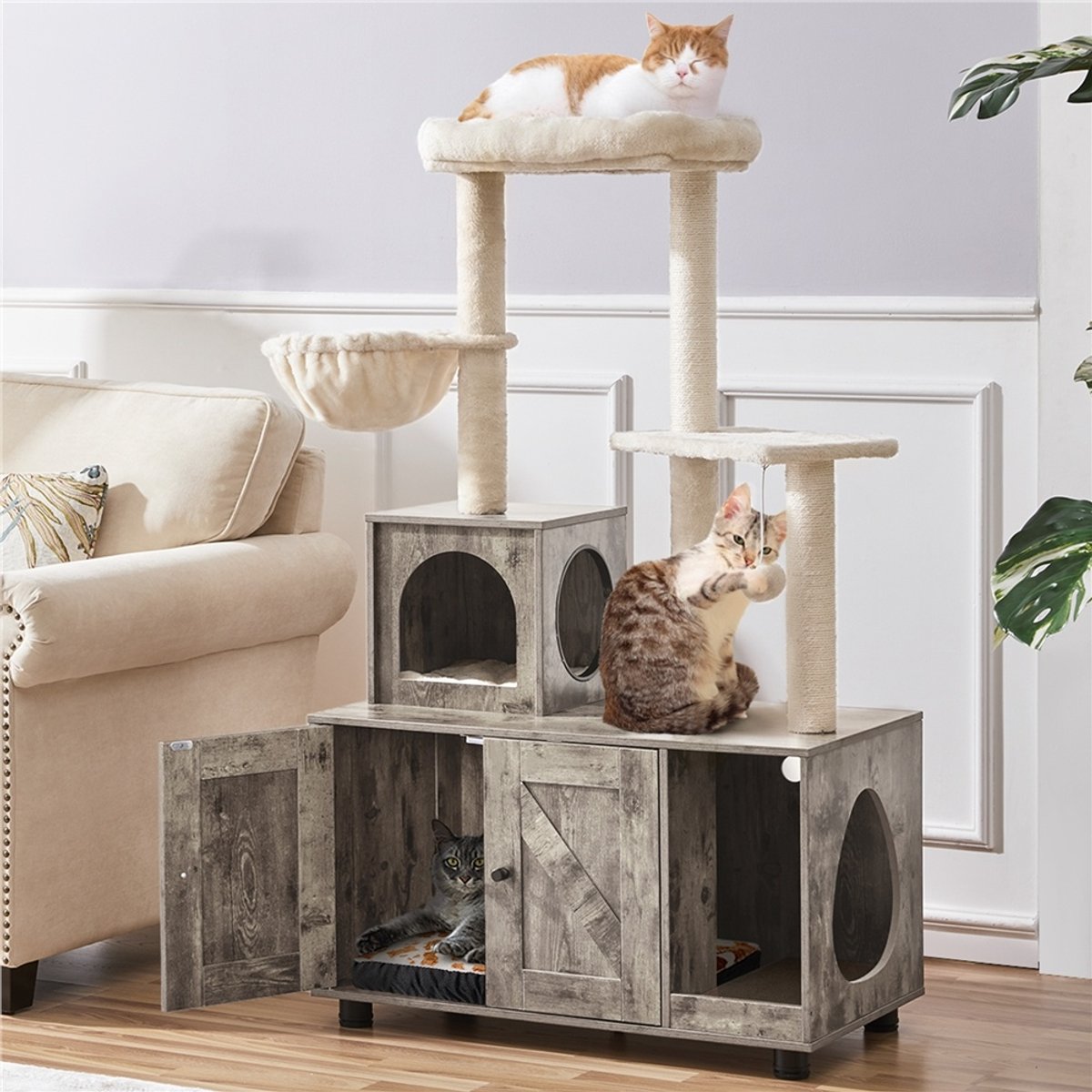 Yaheetech Cat Litter Box Enclosure Cat Tree & Condo, Greige & Beige
