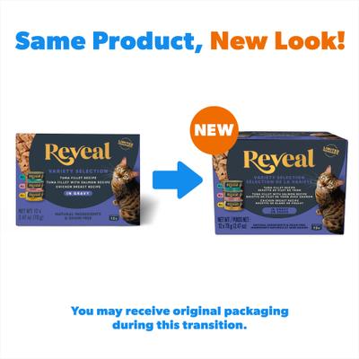 Show full view: Reveal Natural Grain-Free Variety of Fish & Chicken in Gravy Flavored Wet Cat Food, 2.47-oz can, bundle of 24  slide 3 of 11