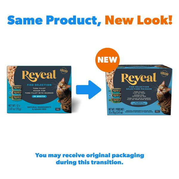 Show full view: Reveal Natural Grain-Free Variety of Fish in Broth Flavored Wet Cat Food, 2.47-oz can, case of 24 slide 3 of 11