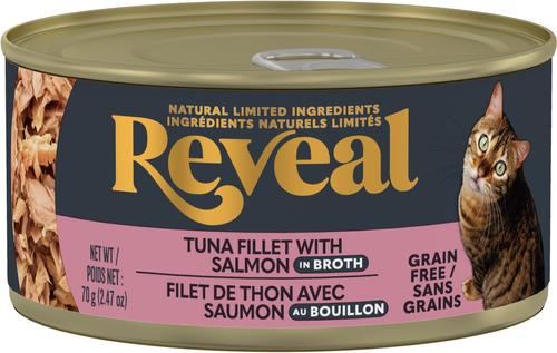 Show full view: Reveal Tuna Fillet with Salmon in Broth + Tuna Fillet with Shrimp in Broth Flavored Wet Cat Food slide 2 of 9