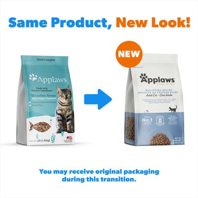 Show full view: Applaws Adult Complete Whitefish Recipe with Country Vegetables Grain-Free Dry Food, 4-lb bag + Whitefish with Salmon in Broth Wet Cat Food, 2.47-oz can, case of 24 slide 3 of 9