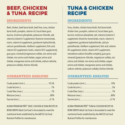 Show full view: ACANA Premium Variety Pack Surf & Turf Beef Chicken & Tuna Pate in Bone Broth Wet Cat Food, 3-oz can, case of 12 slide 8 of 12