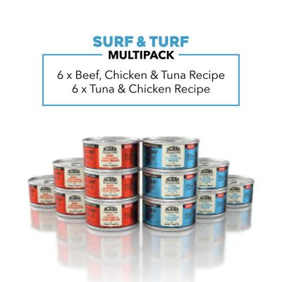 Show full view: ACANA Premium Variety Pack Surf & Turf Beef Chicken & Tuna Pate in Bone Broth Wet Cat Food, 3-oz can, case of 12 slide 4 of 12