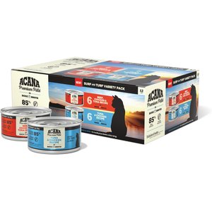 ACANA Premium Variety Pack Surf & Turf Beef Chicken & Tuna Pate in Bone Broth Wet Cat Food, 3-oz can, case of 12