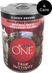 Purina ONE SmartBlend Grain-Free True Instinct Classic Ground with Real Beef & Wild-Caught Salmon Canned Dog Food, 13-oz can, case of 4