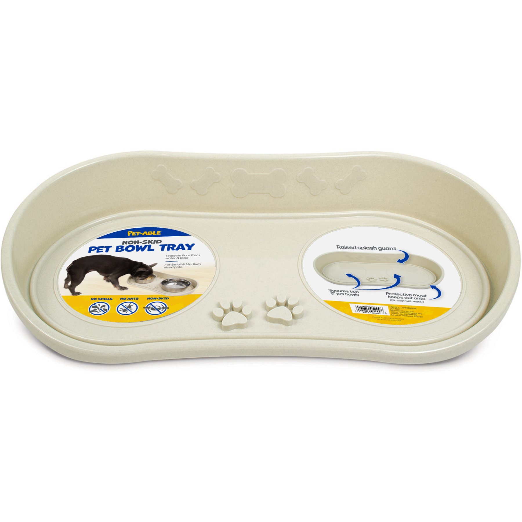 Pet-Able Non-Skid Dog Bowl Tray, Beige, 6-in