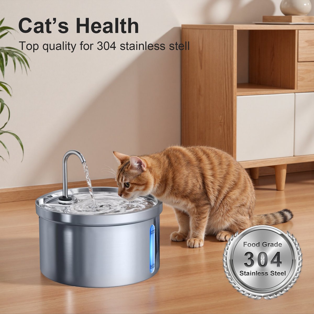 Casfuy SY-W08 Ultra-Quiet Multi-Filtration Stainless Steel Dog & Cat Water Fountain, 119-oz