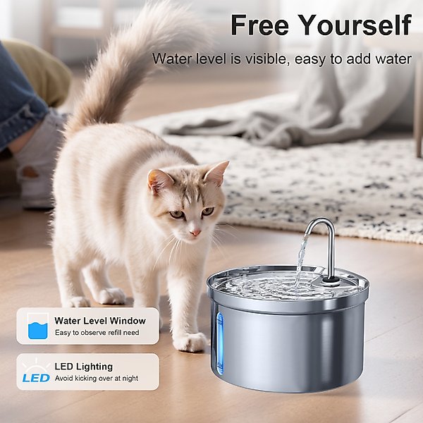 Show full view: Casfuy SY-W08 Ultra-Quiet Multi-Filtration Stainless Steel Dog & Cat Water Fountain, 119-oz slide 5 of 8