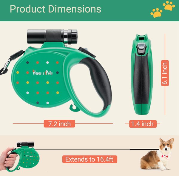 Happy & Polly 4-in-1 Retractable Dog Leash with Flashlight, 16-ft long, 1/2-in wide