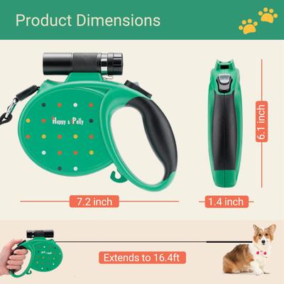 Show full view: Happy & Polly 4-in-1 Retractable Dog Leash with Flashlight, 16-ft long, 1/2-in wide, Green slide 5 of 7