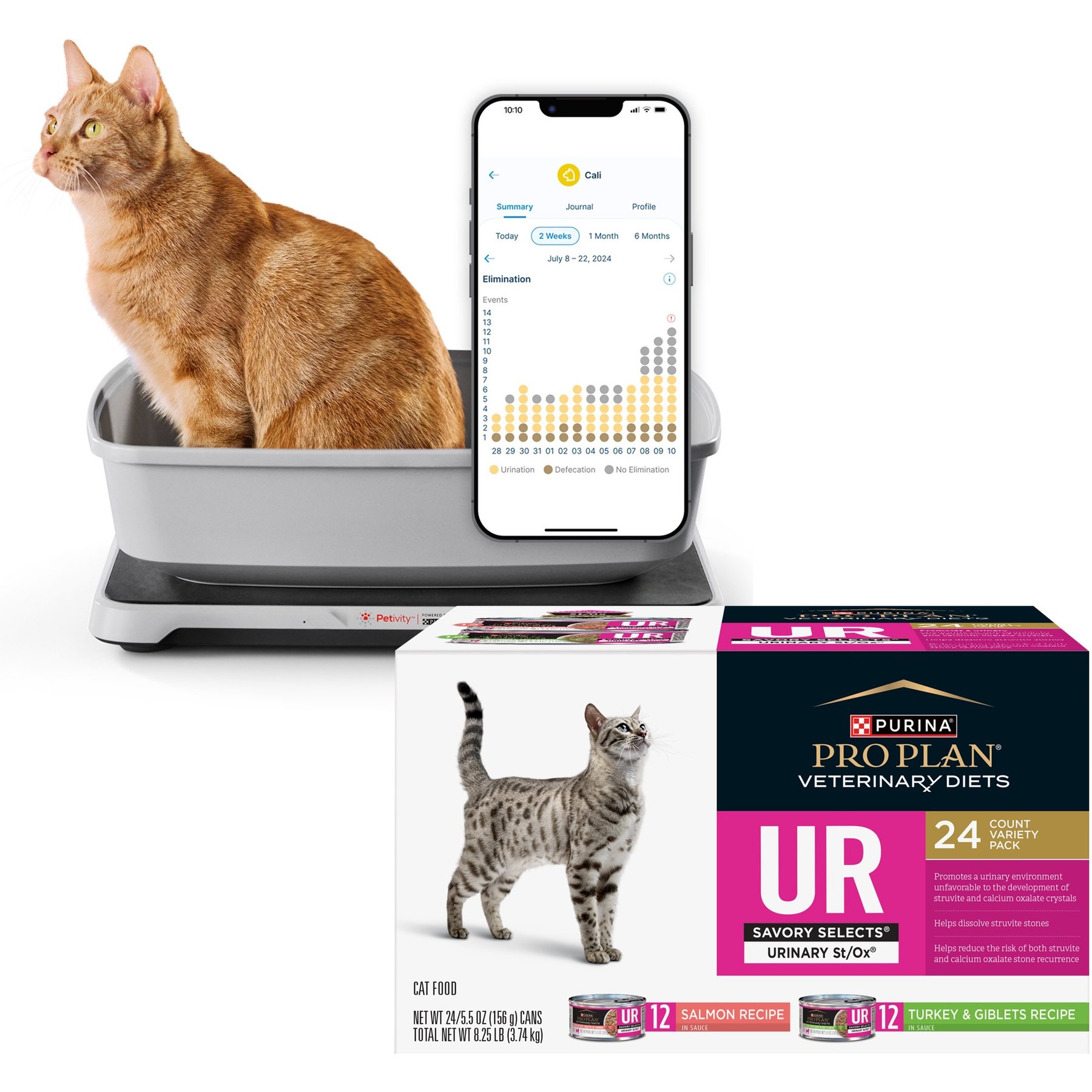 Purina Petivity Smart Litterbox Monitor System + Pro Plan Veterinary Diets UR Urinary St/Ox Savory Selects Variety Pack Wet Cat Food, 5.5-oz, case of 24