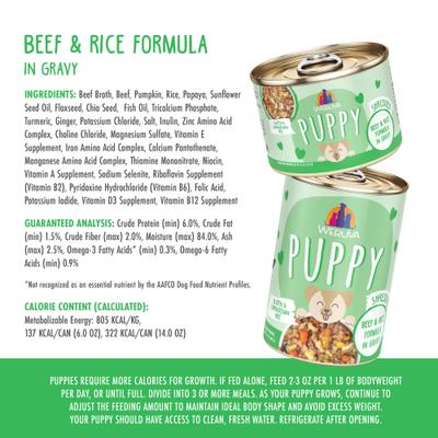 Show full view: Weruva Puppy Beef & Rice Formula in Gravy Wet Dog Food, 6-oz can, case of 8 slide 5 of 11