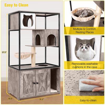 Show full view: Aivituvin AIR102 Wooden 3-Story Cat Condo with Litter Box, Light Gray slide 8 of 10