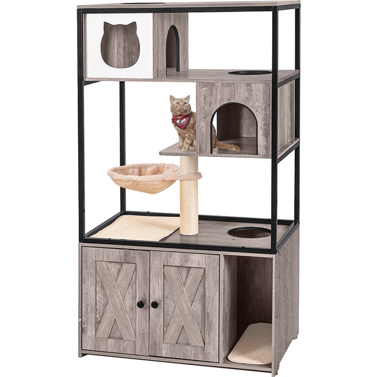 Aivituvin AIR102 Wooden 3-Story Cat Condo with Litter Box, Light Gray