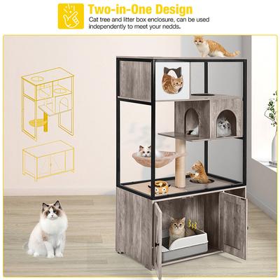 Show full view: Aivituvin AIR102 Wooden 3-Story Cat Condo with Litter Box, Light Gray slide 3 of 10