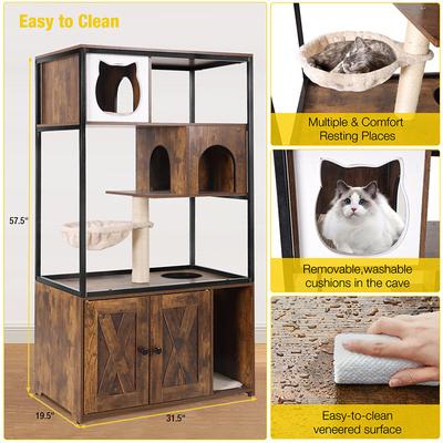 Show full view: Aivituvin AIR102 Wooden 3-Story Cat Condo with Litter Box, Brown slide 9 of 11