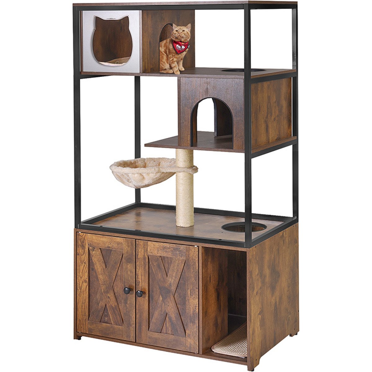 Aivituvin AIR102 Wooden 3-Story Cat Condo with Litter Box, Brown