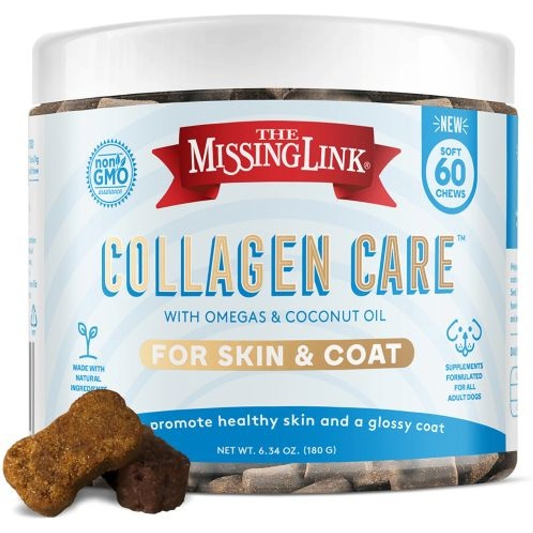 The Missing Link Collagen Care Soft Chews Skin & Coat Supplement with Omegas for Dogs, 60 count