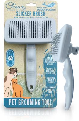 Show full view: Ocean Plastic by PT Self-Cleaning Slicker Dog & Cat Brush, Blue slide 2 of 7