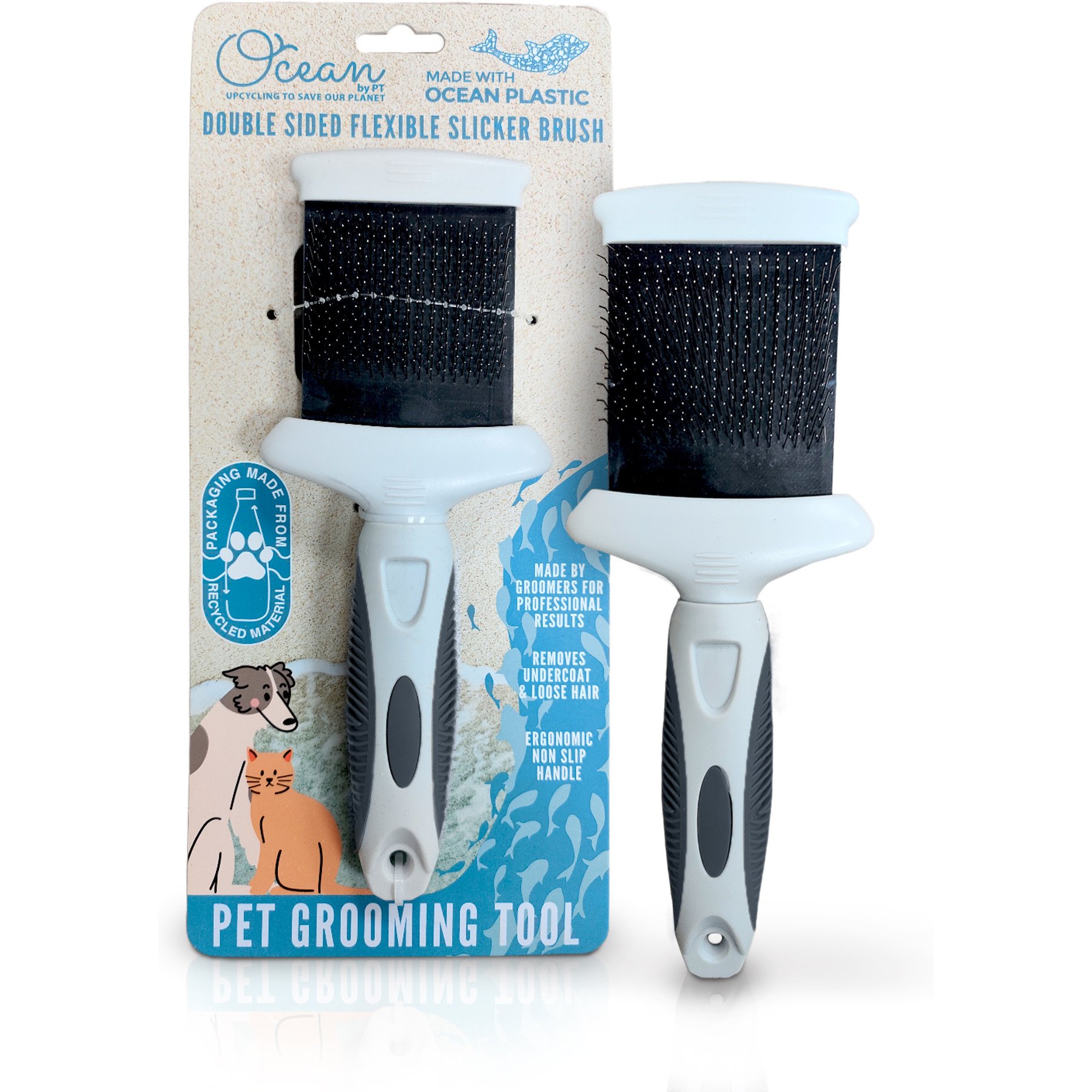 Ocean Plastic by PT Double-Sided Flexible Slicker Dog & Cat Brush, Gray