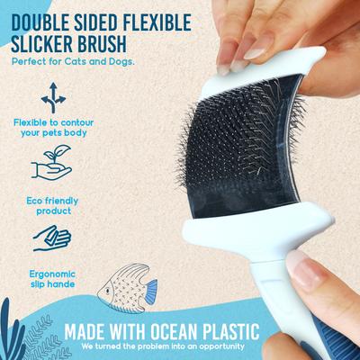 Show full view: Ocean Plastic by PT Double-Sided Flexible Slicker Dog & Cat Brush, Blue slide 6 of 7