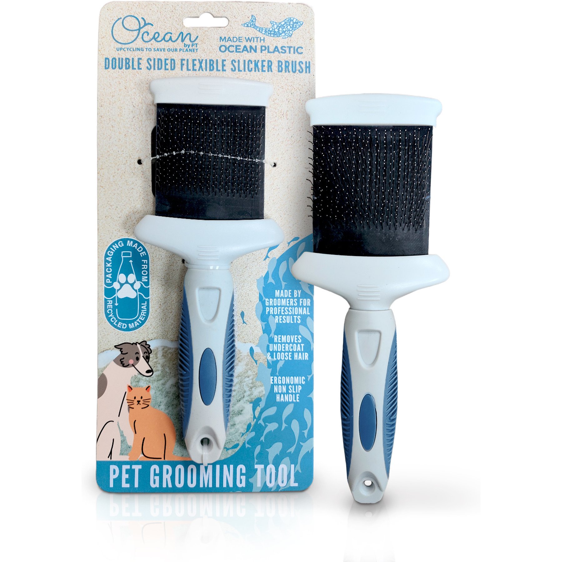 Ocean Plastic by PT Double-Sided Flexible Slicker Dog & Cat Brush, Blue