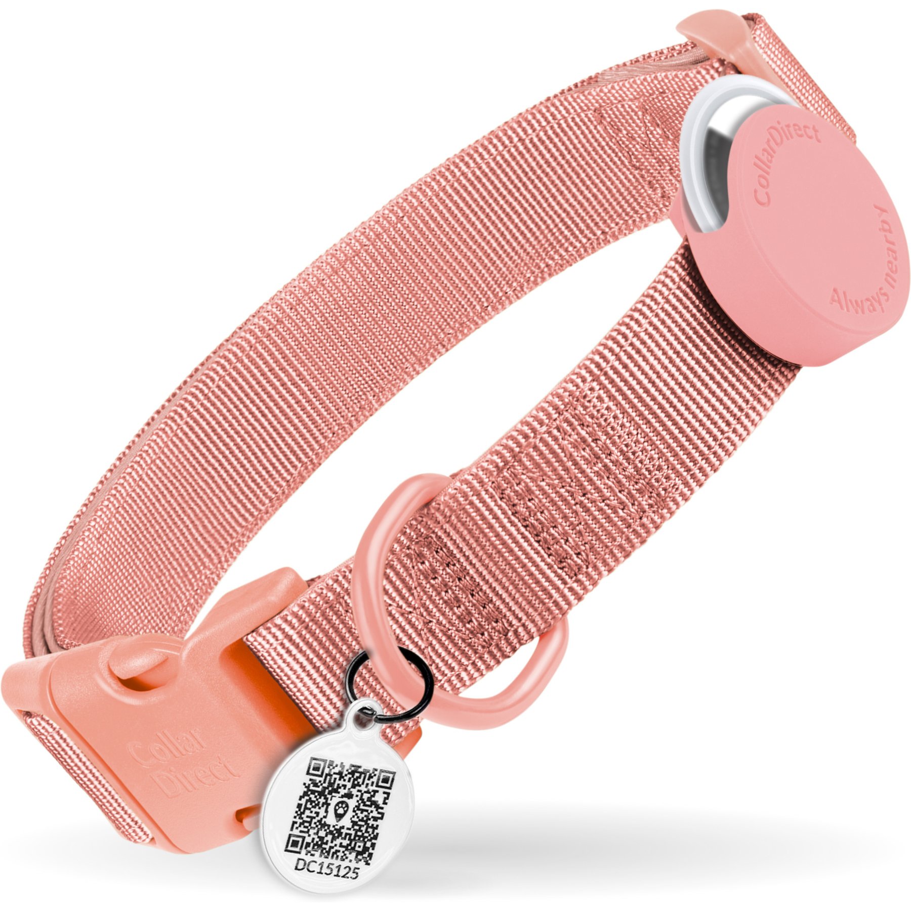 CollarDirect AirTag Holder QR Tag Nylon Standard Dog Collar, Pink, X-Large: 18 to 26-in neck, 1-in wide